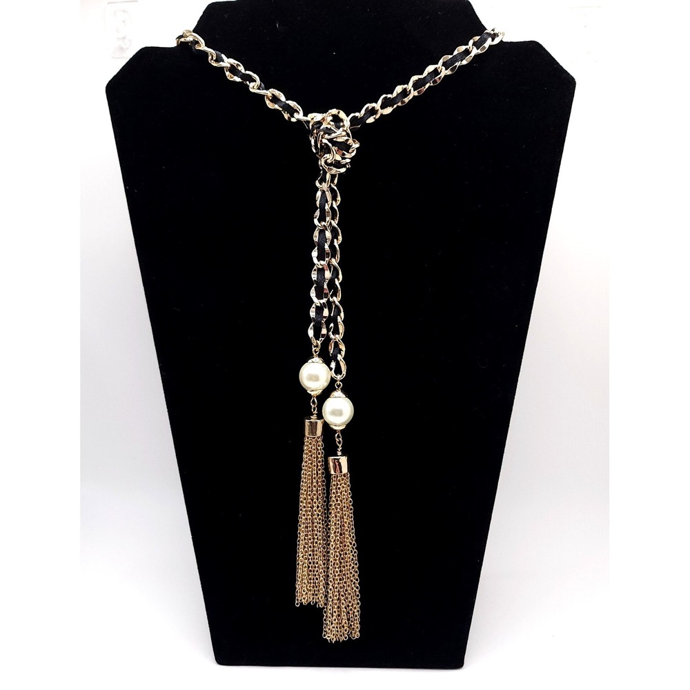WHBM Gold Necklace Black Ribbon Lariat Pearl Tassel
